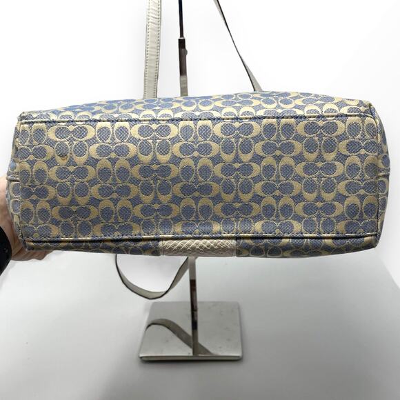 COACH Blue White Leather Monogram Signature Stripe Tote - Picture 6 of 10